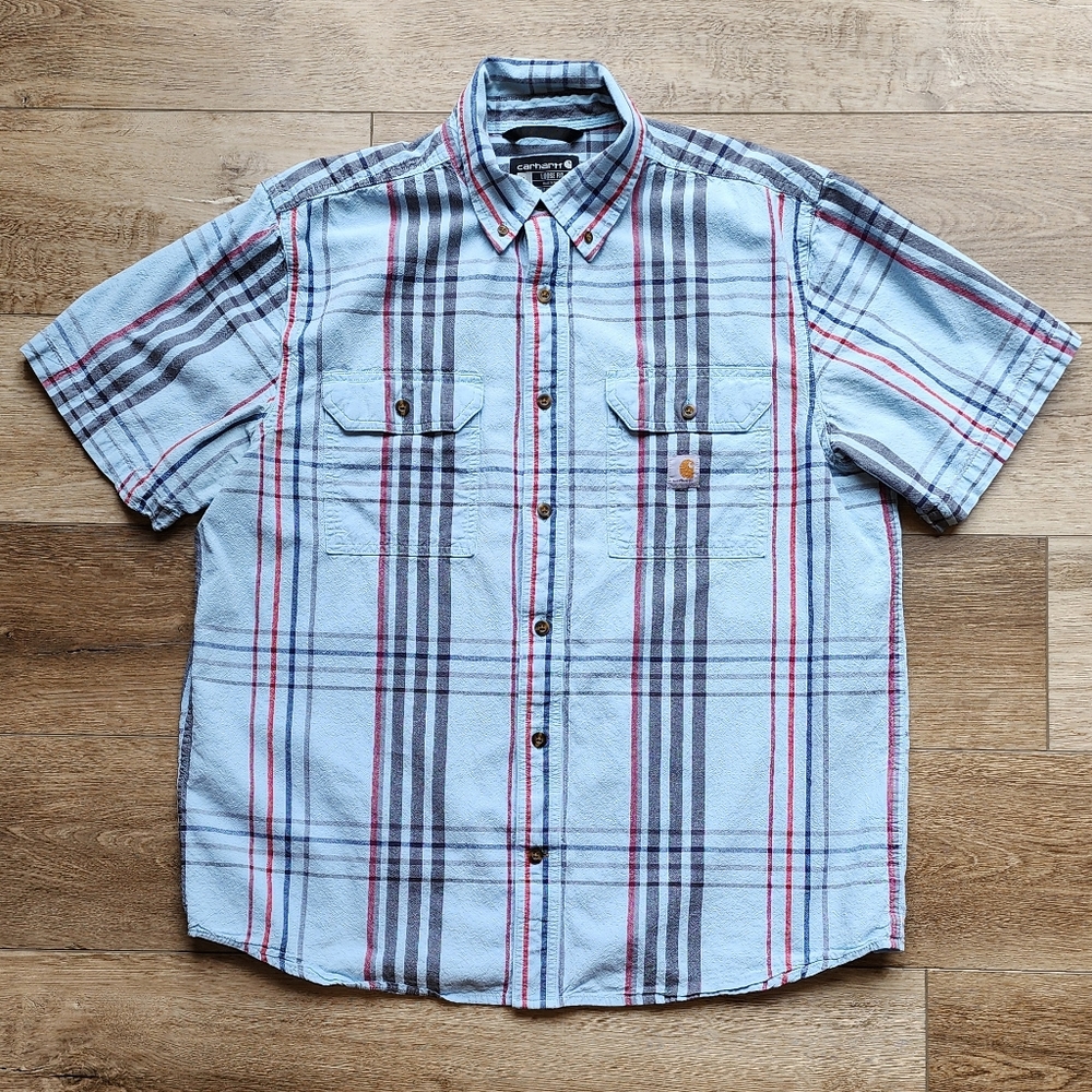 Carhartt Mens Large Work Wear Loose Fit Madras Plaid Button-up Cotton Blue